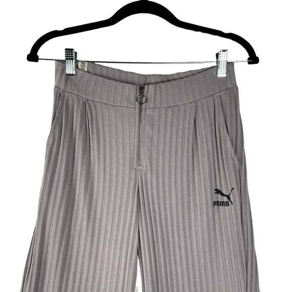 Puma Ribbed Wide Leg Slit Cropped Pants M Lilac Gray - Picture 2 of 14